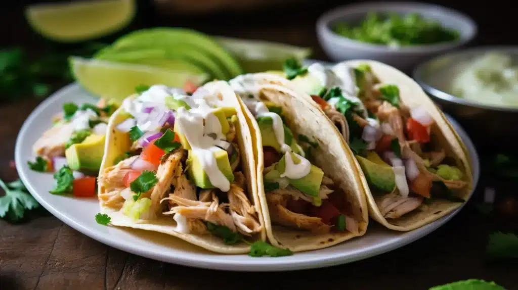 10-Minute Best Chicken Tacos Recipe – Easy, Juicy & Flavorful! 3 Best Chicken Tacos Recipe with shredded chicken, diced tomatoes, onions, creamy sour cream, fresh avocado slices, and cilantro, served on warm tortillas with lime wedges.