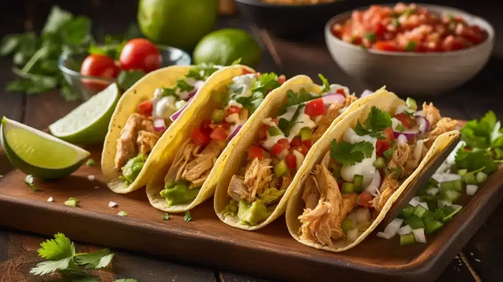 10-Minute Best Chicken Tacos Recipe – Easy, Juicy & Flavorful! 4 Best Chicken Tacos Recipe featuring tender shredded chicken, fresh cilantro, diced tomatoes, onions, and creamy sauce on warm corn tortillas, served with lime wedges.