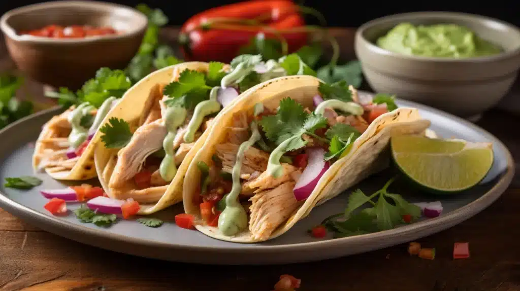 10-Minute Best Chicken Tacos Recipe – Easy, Juicy & Flavorful! 2 Best Chicken Tacos Recipe served on a white plate with grilled chicken, fresh cilantro, diced onions, and creamy avocado sauce, garnished with lime wedges.