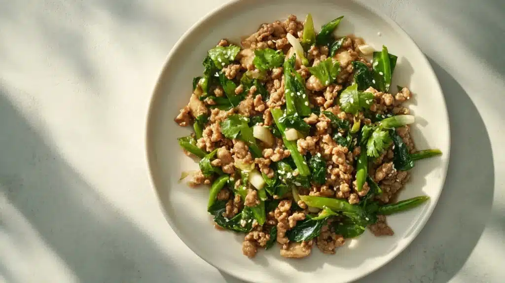 Best Healthy Ground Chicken Recipes for Clean Eating – A flavorful ground chicken stir-fry with fresh green vegetables, served on a white plate