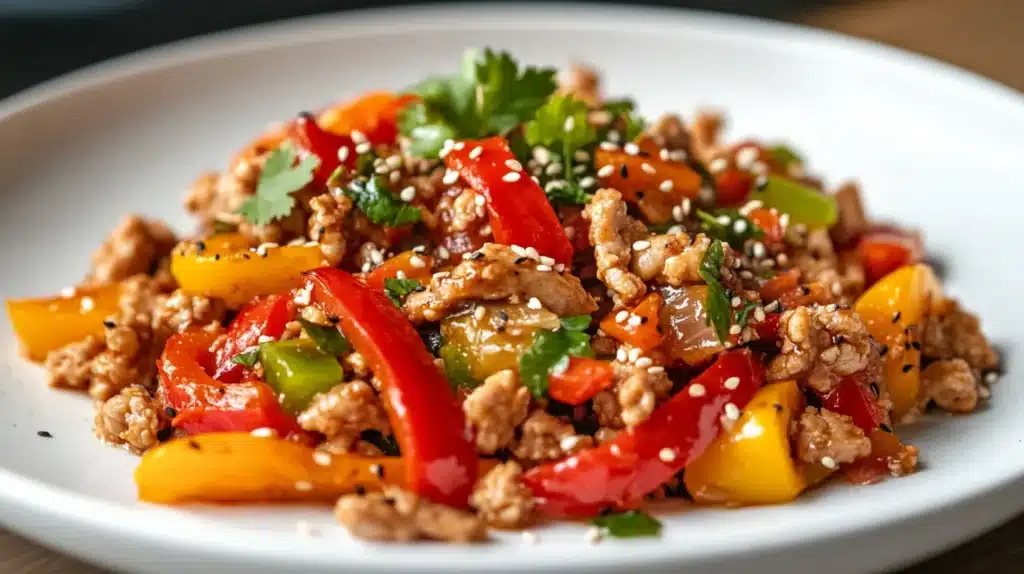 Easy Ground Chicken Recipes – Healthy Stir-Fry with Bell Peppers and Sesame Seeds on a White Plate