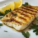 Grilled Orange Roughy Recipe – Easy, Healthy & Flavorful 5 Close-up of grilled orange roughy fillet with lemon slices and fresh parsley on a white plate