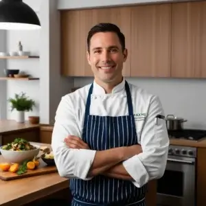 HOME 1 Chef Maxime standing in a modern kitchen with fresh ingredients on the counter