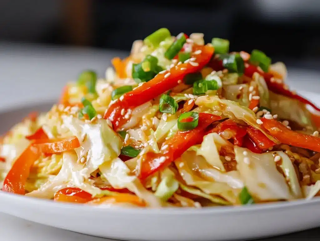 A vibrant plate of healthy Napa cabbage meals, featuring stir-fried Napa cabbage with red bell peppers, carrots, sesame seeds, and chopped green onions, served on a white plate.
