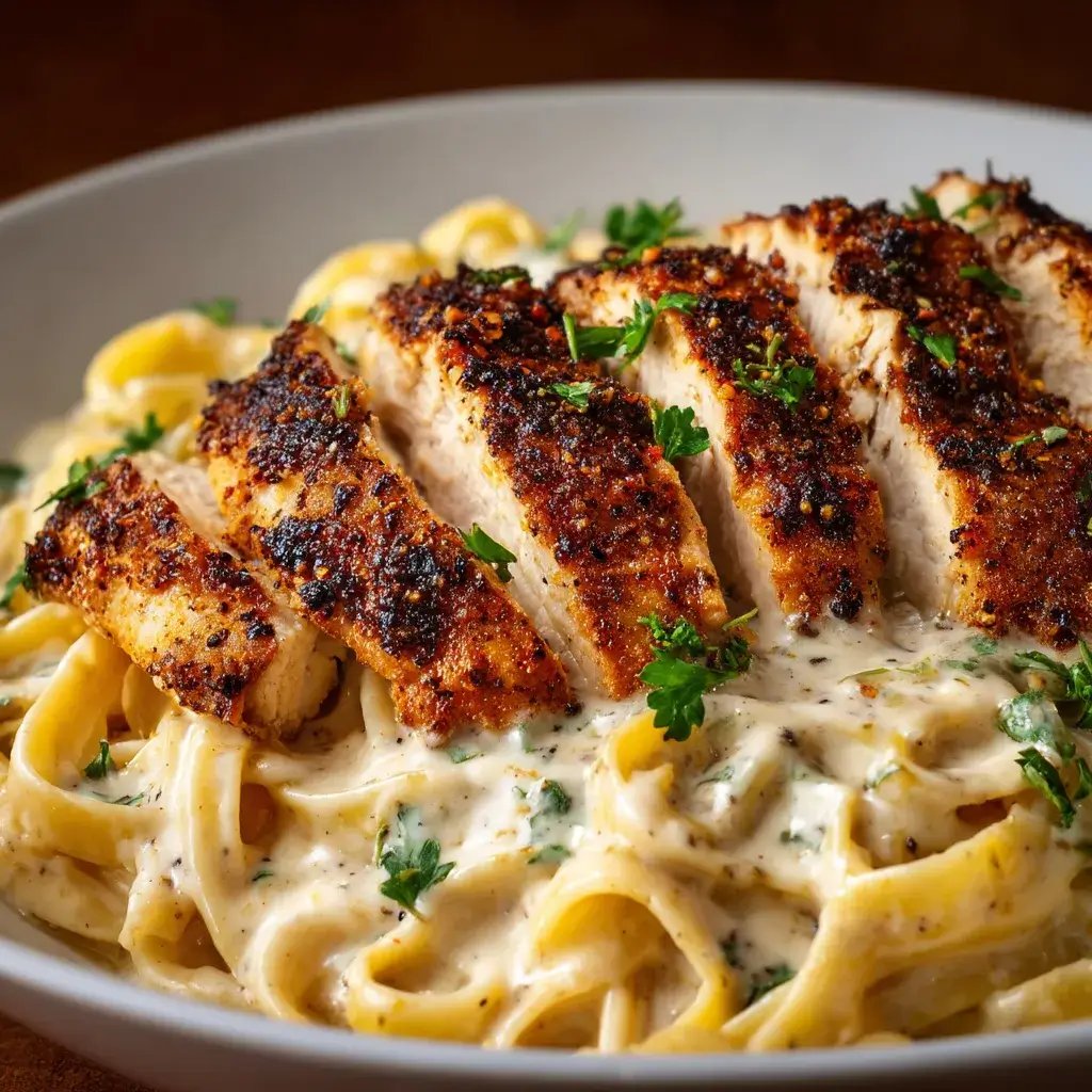 Blackened Chicken Alfredo – Creamy fettuccine topped with crispy blackened chicken breast slices and parsley on a white plate