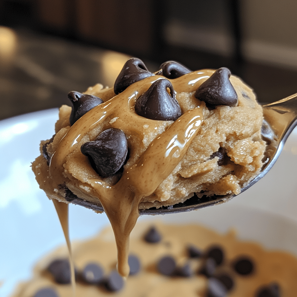 spoonful-homemade-protein-cookie-dough.jpg homemade protein cookie dough with chocolate chips and almond butter