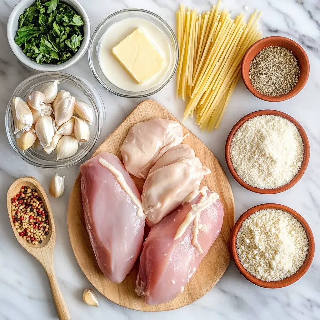 Ingredients for creamy crockpot chicken Alfredo recipe