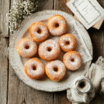 Powdered Donuts That Taste Better Baked – A Sweet, Easy Recipe 6 powdered donuts served on a vintage plate with tea and rustic decor