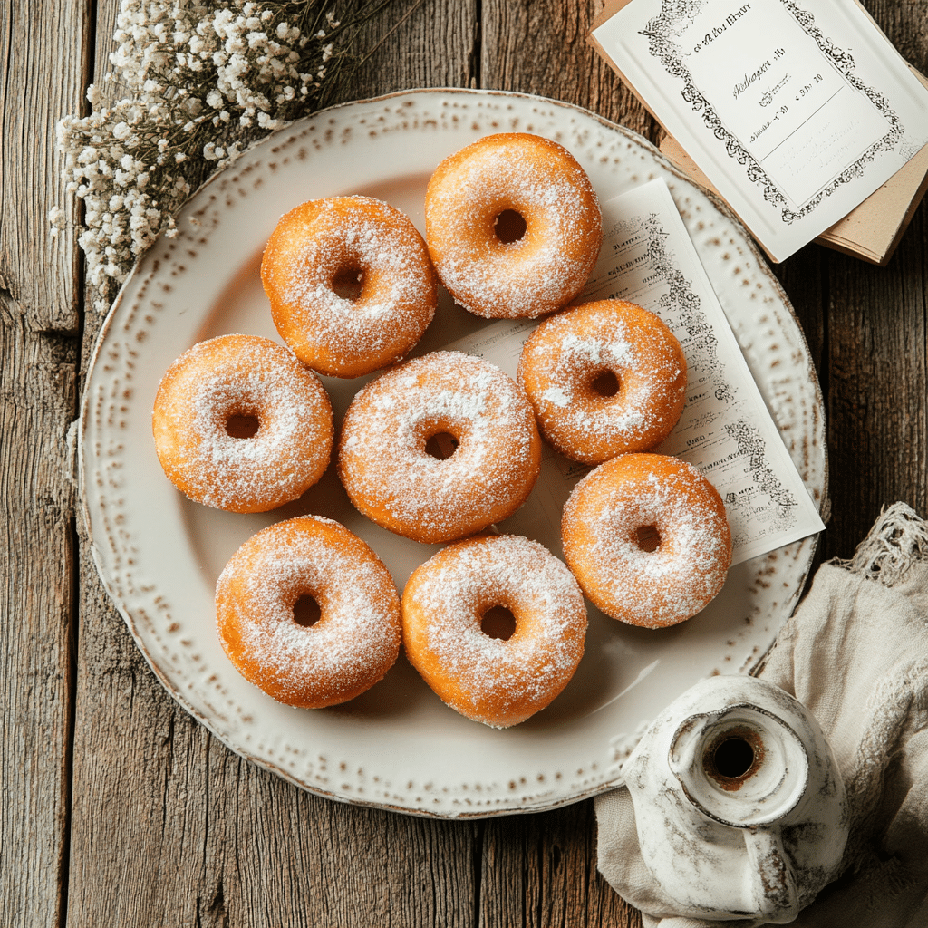 Powdered Donuts That Taste Better Baked – A Sweet, Easy Recipe 9 powdered donuts served on a vintage plate with tea and rustic decor