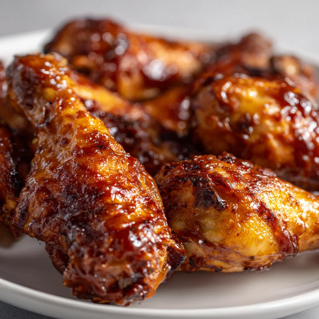 Crispy air fryer BBQ chicken drumsticks on a white plate, glazed with BBQ sauce and garnished with fresh parsley.