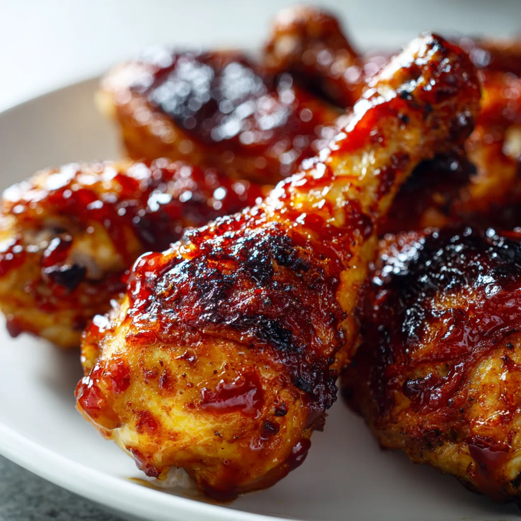 Crispy air fryer BBQ chicken drumsticks on a white plate, glazed with BBQ sauce and garnished with fresh parsley.