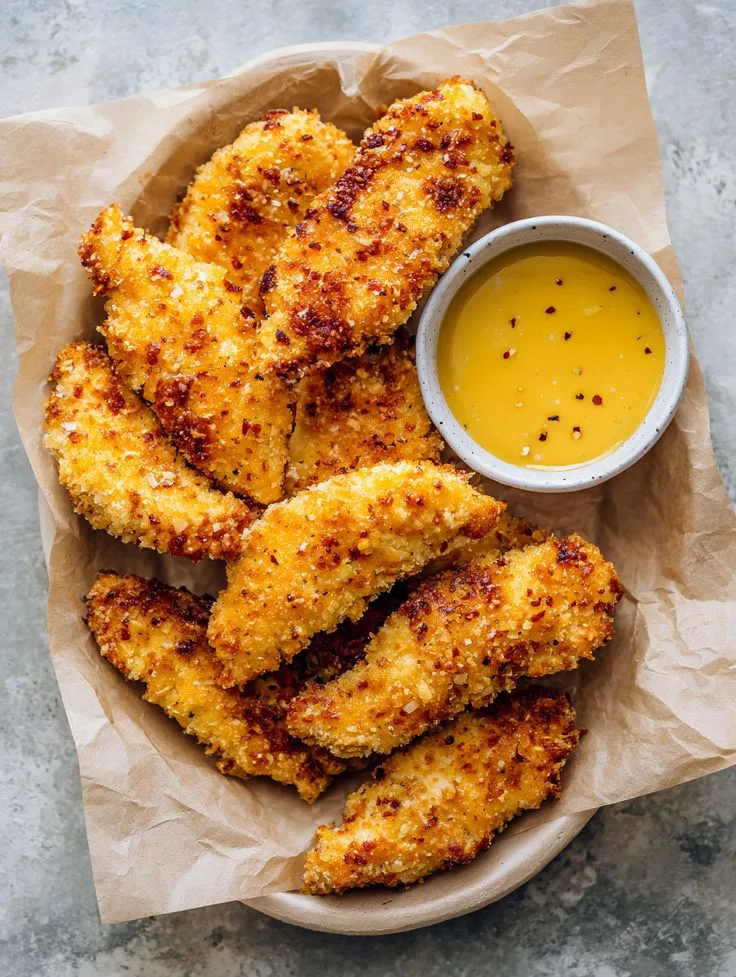 golden crispy air fryer chicken Crispy golden air fryer chicken tenders served with honey mustard dipping sauce, on parchment paper, warm natural lighting.