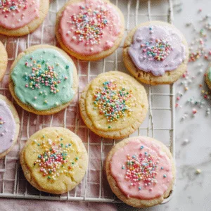 Classic sugar cookies on cooling rack with colorful icing and sprinkles in bright natural kitchen light.
