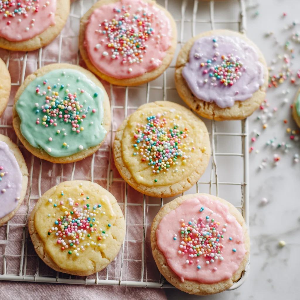 Classic sugar cookies on cooling rack with colorful icing and sprinkles in bright natural kitchen light.