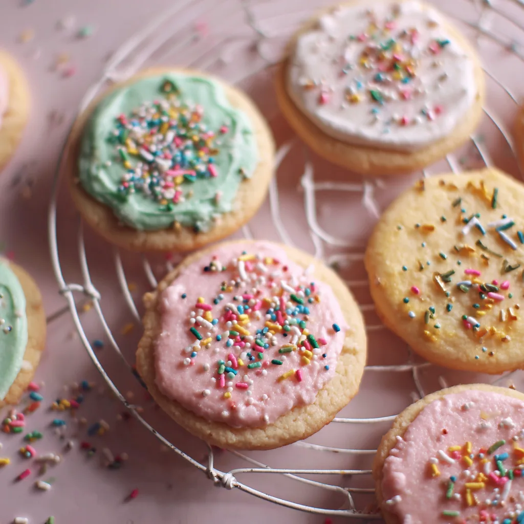 Classic Sugar Cookies Classic sugar cookies on cooling rack with colorful icing and sprinkles in bright natural kitchen light.