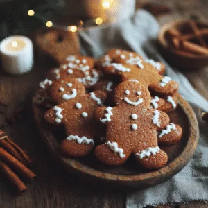Gingerbread men cookies with white icing decoration on rustic wooden board in warm natural kitchen light.