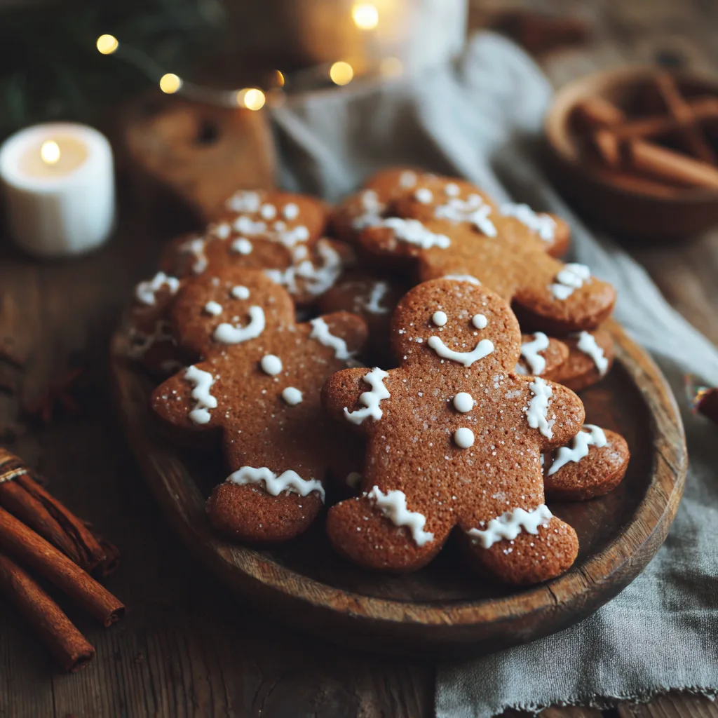 Gingerbread men cookies with white icing decoration on rustic wooden board in warm natural kitchen light.