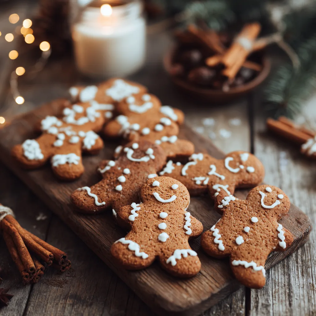 Gingerbread Men Cookies n Gingerbread men cookies with white icing decoration on rustic wooden board in warm natural kitchen light.