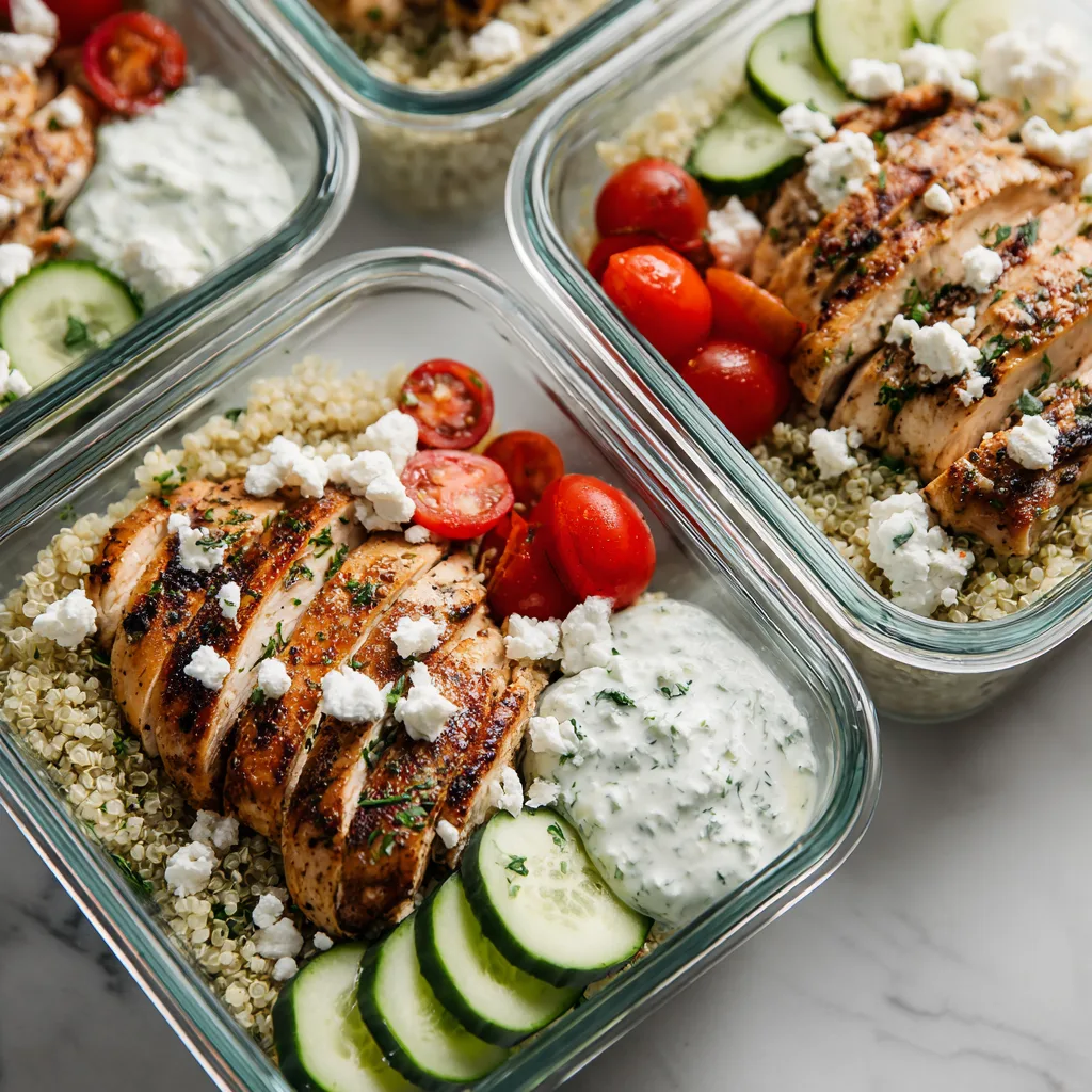 for Greek Chicken Bowls with Tzatziki recipe: Healthy Greek chicken bowl with grilled chicken, quinoa, and tzatziki sauce in a glass meal prep container.