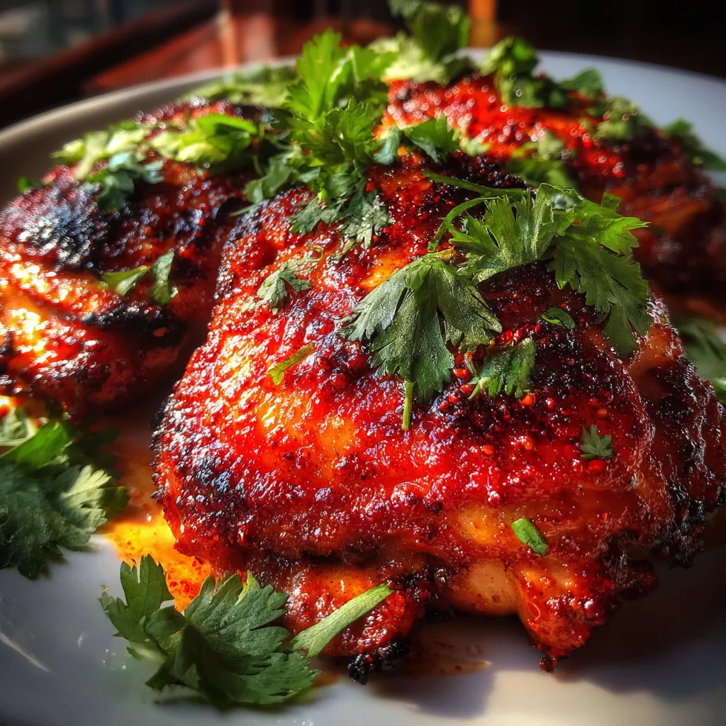 Close-up of harissa honey-glazed chicken thighs with caramelized red glaze, fresh cilantro garnish, and golden crispy skin on a white plate.