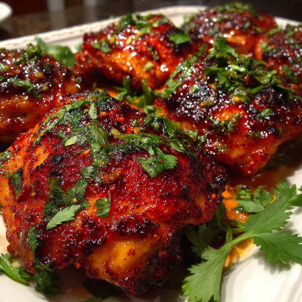 Harissa Honey Glazed Chicken Thighs (2) Close-up of harissa honey-glazed chicken thighs with caramelized red glaze, fresh cilantro garnish, and golden crispy skin on a white plate.