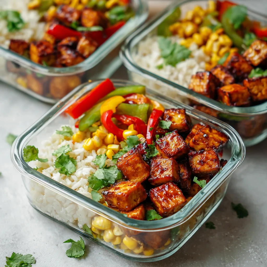 High-Protein BBQ Tofu Bowls NN High-protein BBQ tofu meal prep bowls in glass containers with rice, corn, and peppers, bright natural light.