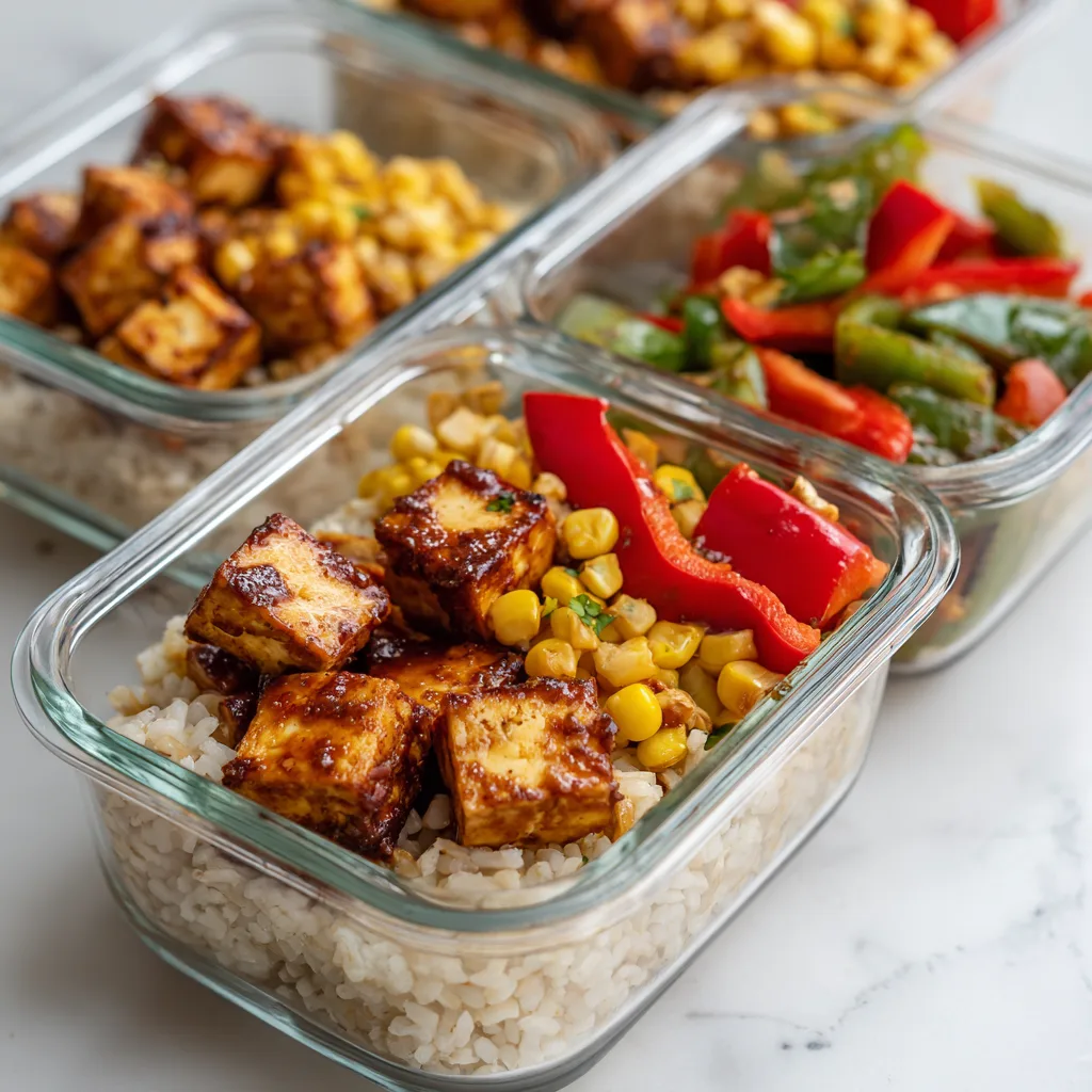 High-protein BBQ tofu meal prep bowls in glass containers with rice, corn, and peppers, bright natural light.