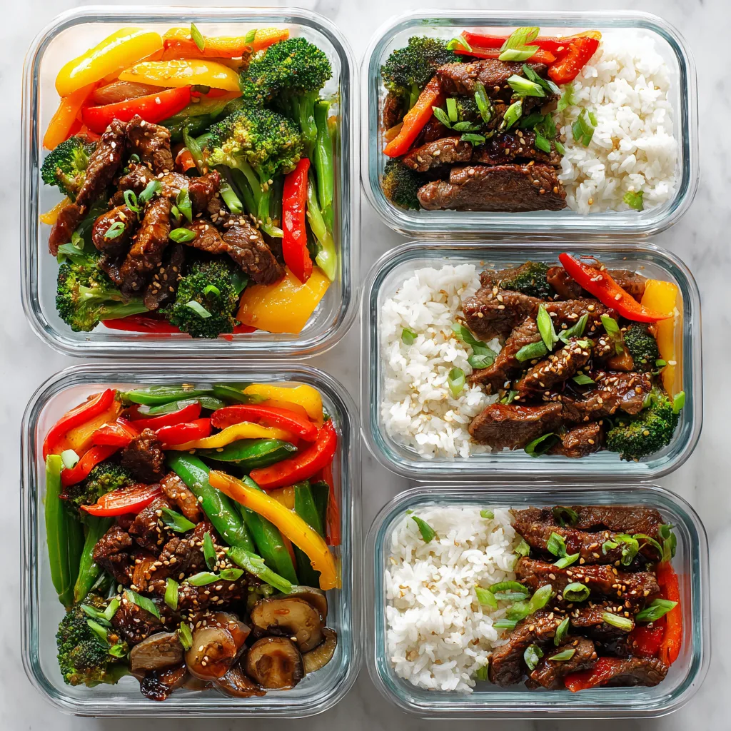 High-Protein Beef & Veggie Stir-Fry Bowls NNN High-protein beef and vegetable stir-fry meal prep bowls in glass containers, bright natural light.