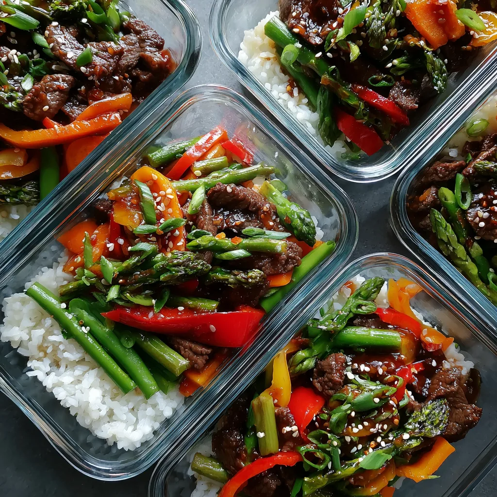 High-Protein Beef and Veggie Stir-Fry Bowls meal prep bowls in glass containers, bright natural light.