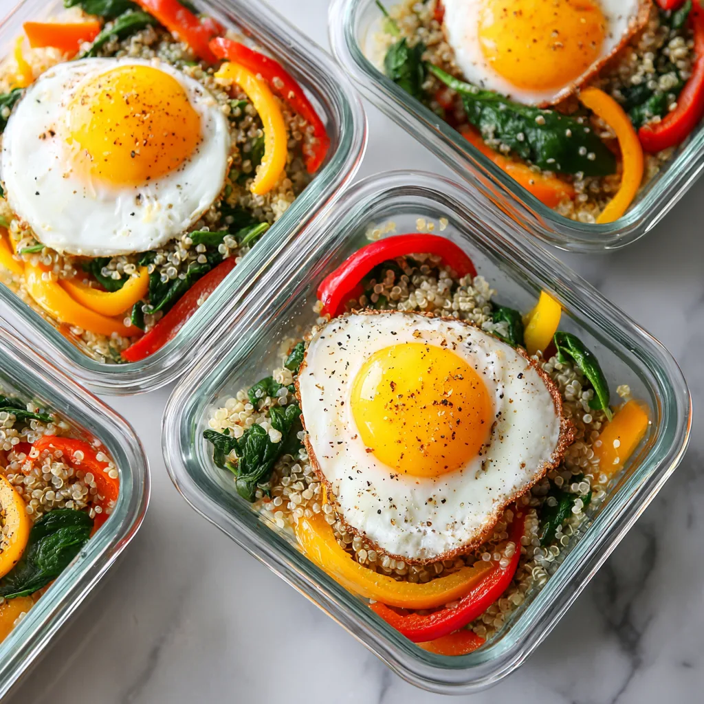 High-protein egg and quinoa breakfast meal prep bowls in glass containers with spinach and peppers.