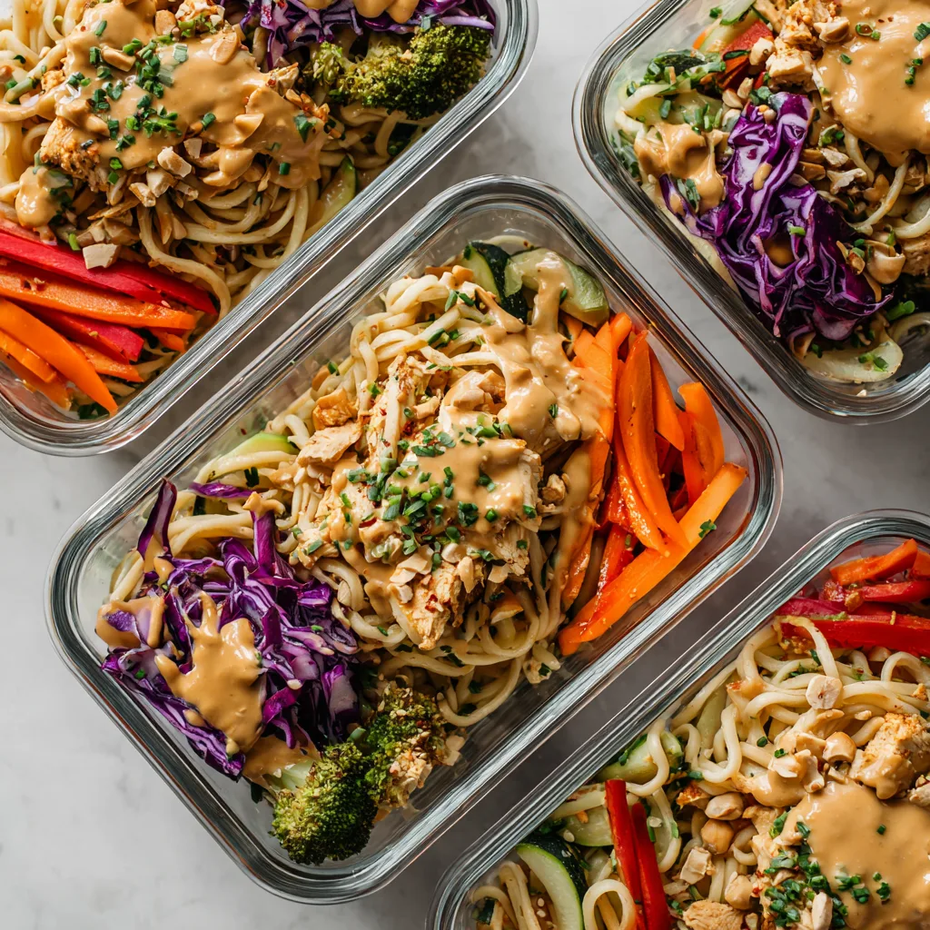 High-Protein Peanut Chicken Noodle Bowls nn High-protein peanut chicken noodle meal prep bowls with veggies in glass containers under bright natural light.