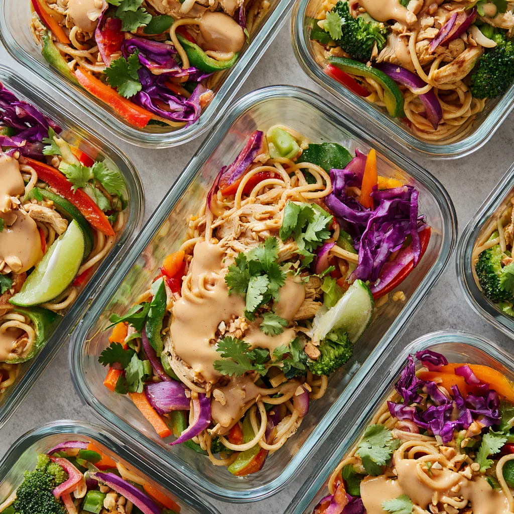 High-protein peanut chicken noodle meal prep bowls with veggies in glass containers under bright natural light.
