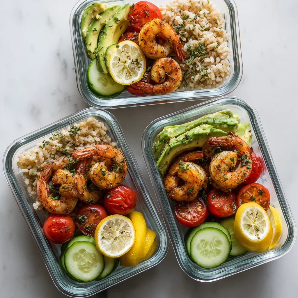 High-Protein Shrimp Avocado Power Bowl meal prep bowls in glass containers with quinoa and vegetables, bright natural light.