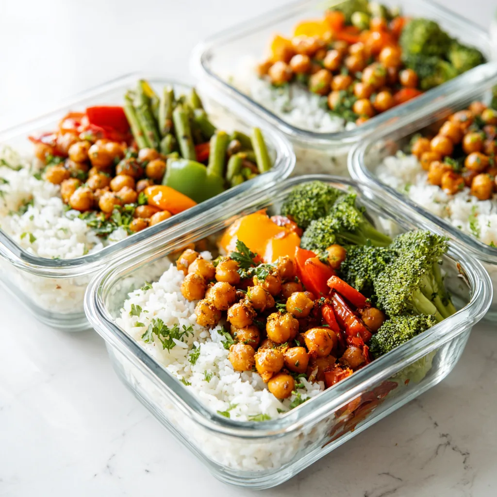 High-protein spicy chickpea meal prep bowls in glass containers with rice and veggies, bright natural light.