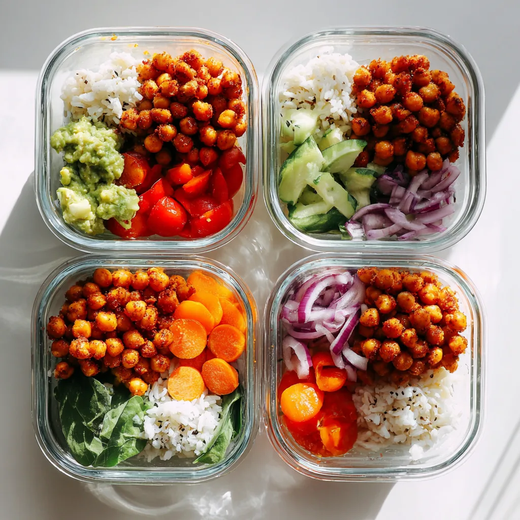 High-protein spicy chickpea meal prep bowls in glass containers with rice and veggies, bright natural light. High-Protein Spicy Chickpea Bowl