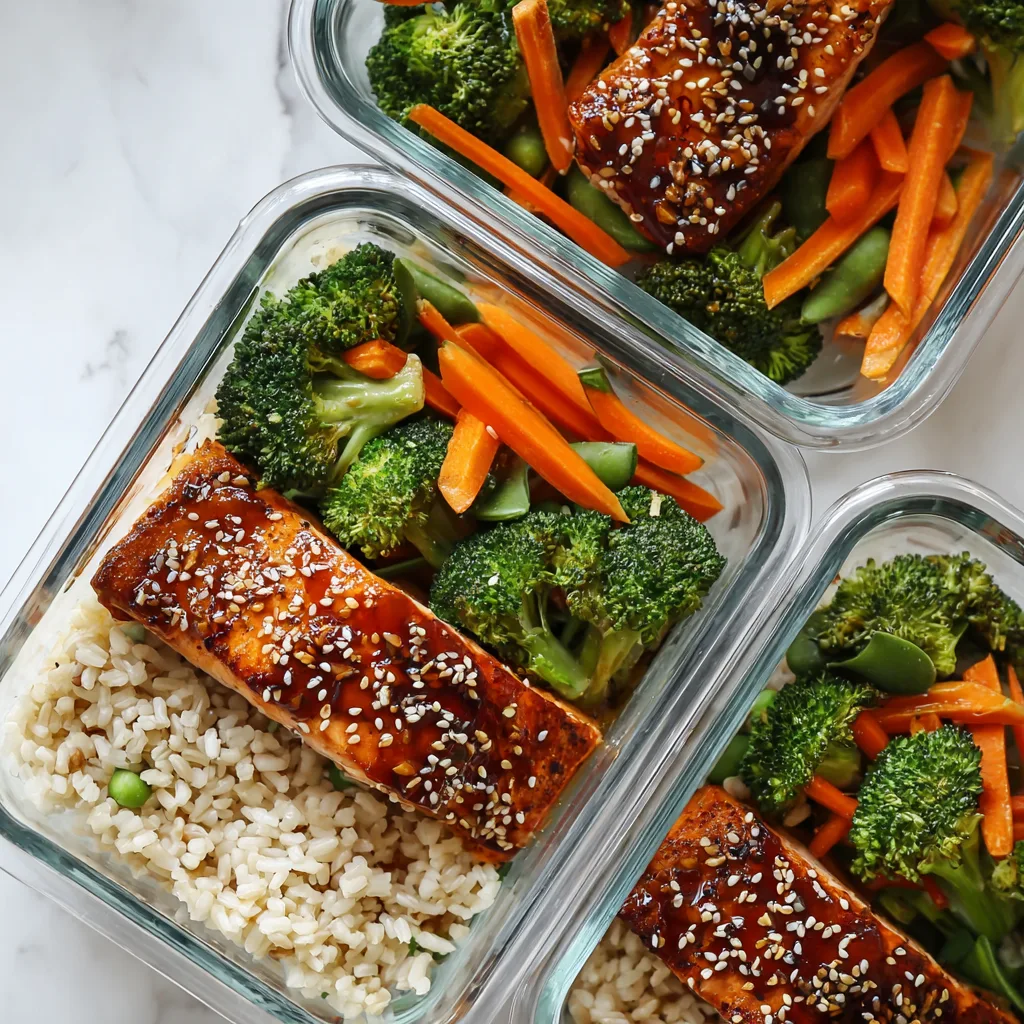 High-Protein Teriyaki Salmon Bowls – Healthy Meal Prep Lunch N Healthy teriyaki salmon bowl with quinoa, broccoli, and carrots in a glass meal prep container, bright light.
