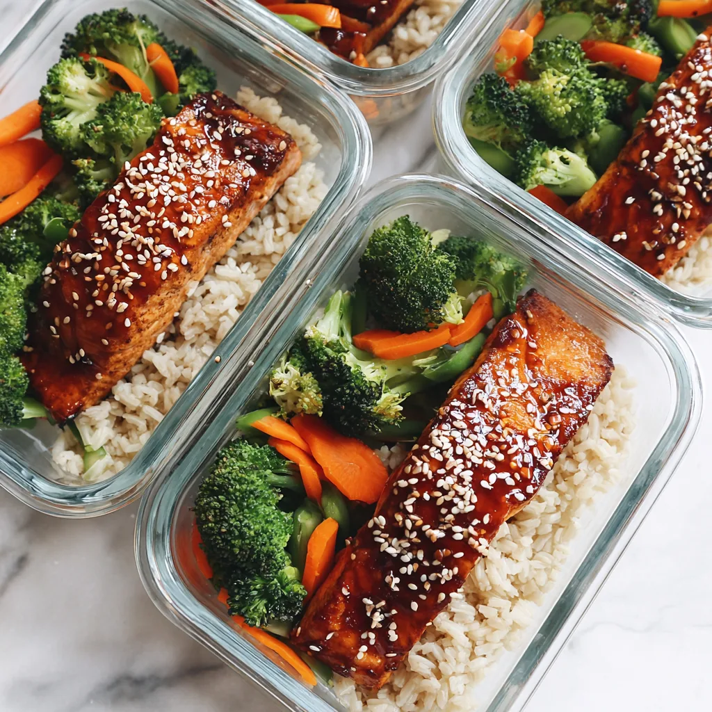 High-Protein Teriyaki Salmon Bowls with quinoa, broccoli, and carrots in a glass meal prep container, bright light.