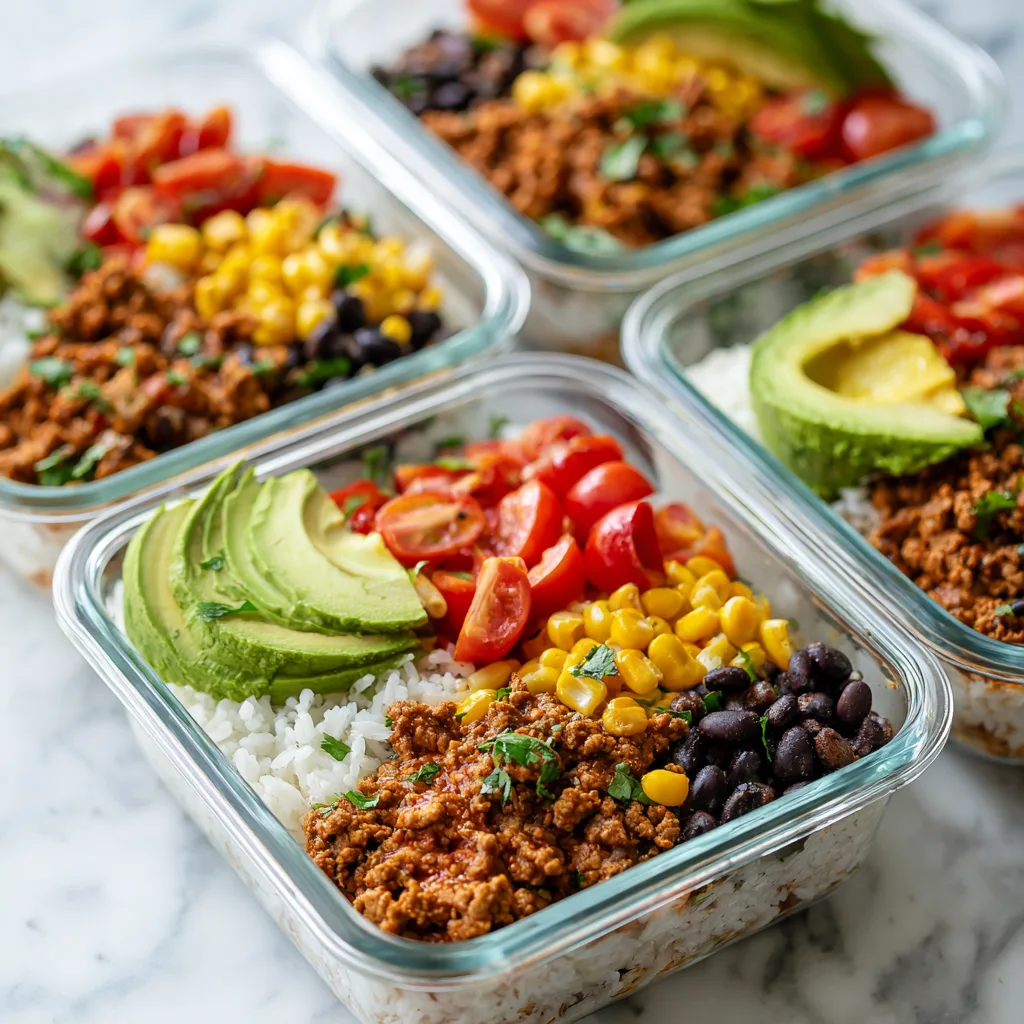 High-protein turkey taco meal prep bowls in glass containers with rice, beans, corn, and avocado, bright natural light.