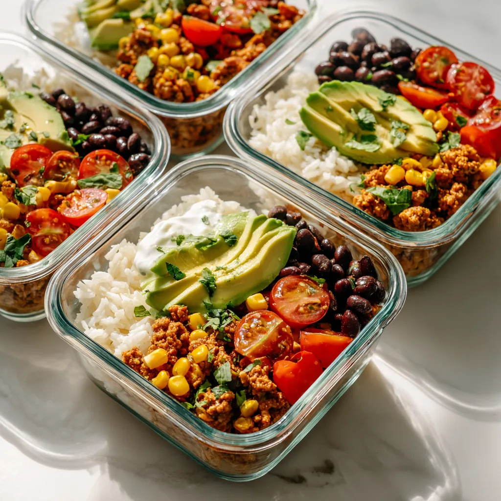 High-Protein Turkey Taco Meal Prep Bowls High-protein turkey taco meal prep bowls in glass containers with rice, beans, corn, and avocado, bright natural light.