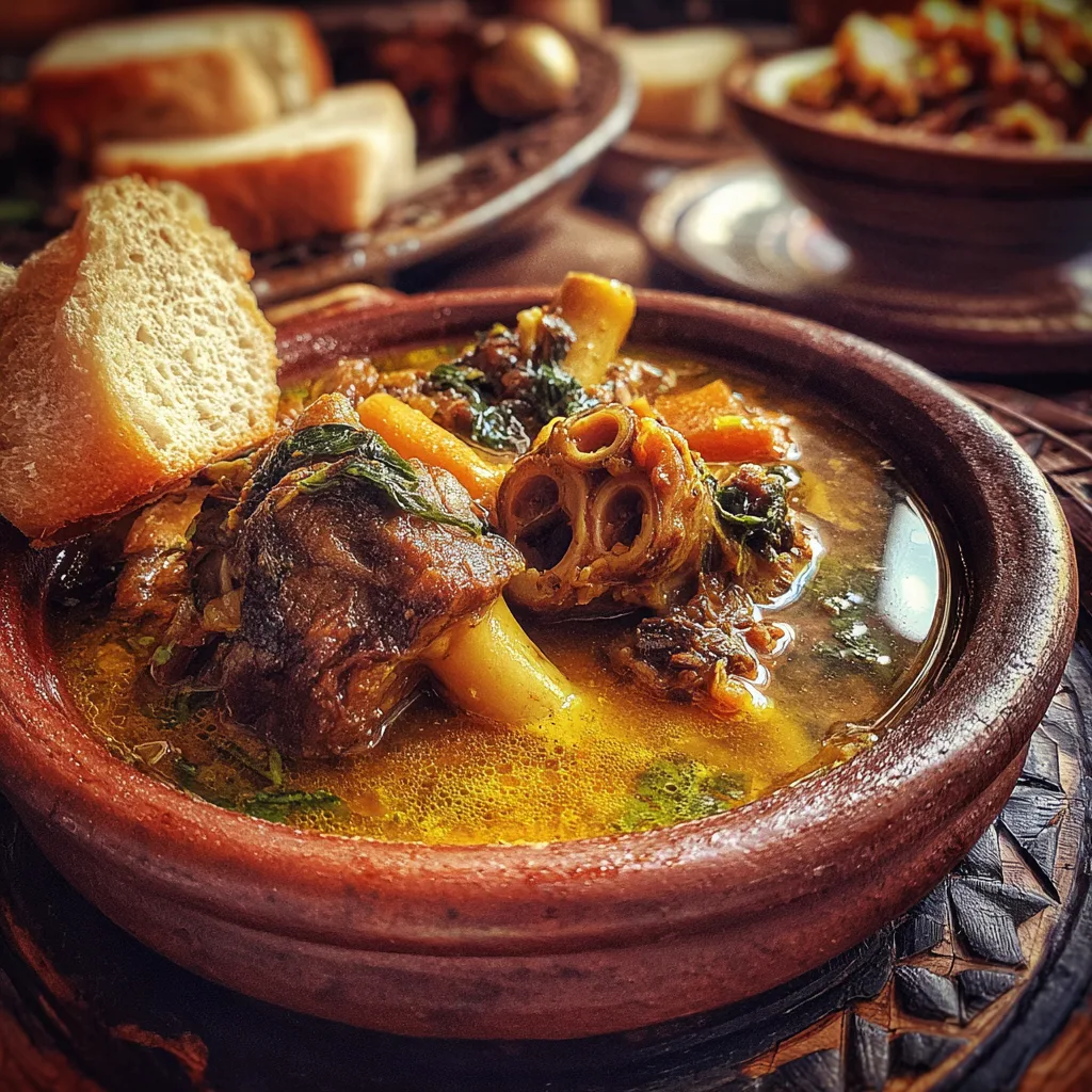Moroccan sheep nails stew with golden broth in clay bowl and rustic bread, North African kitchen setting.