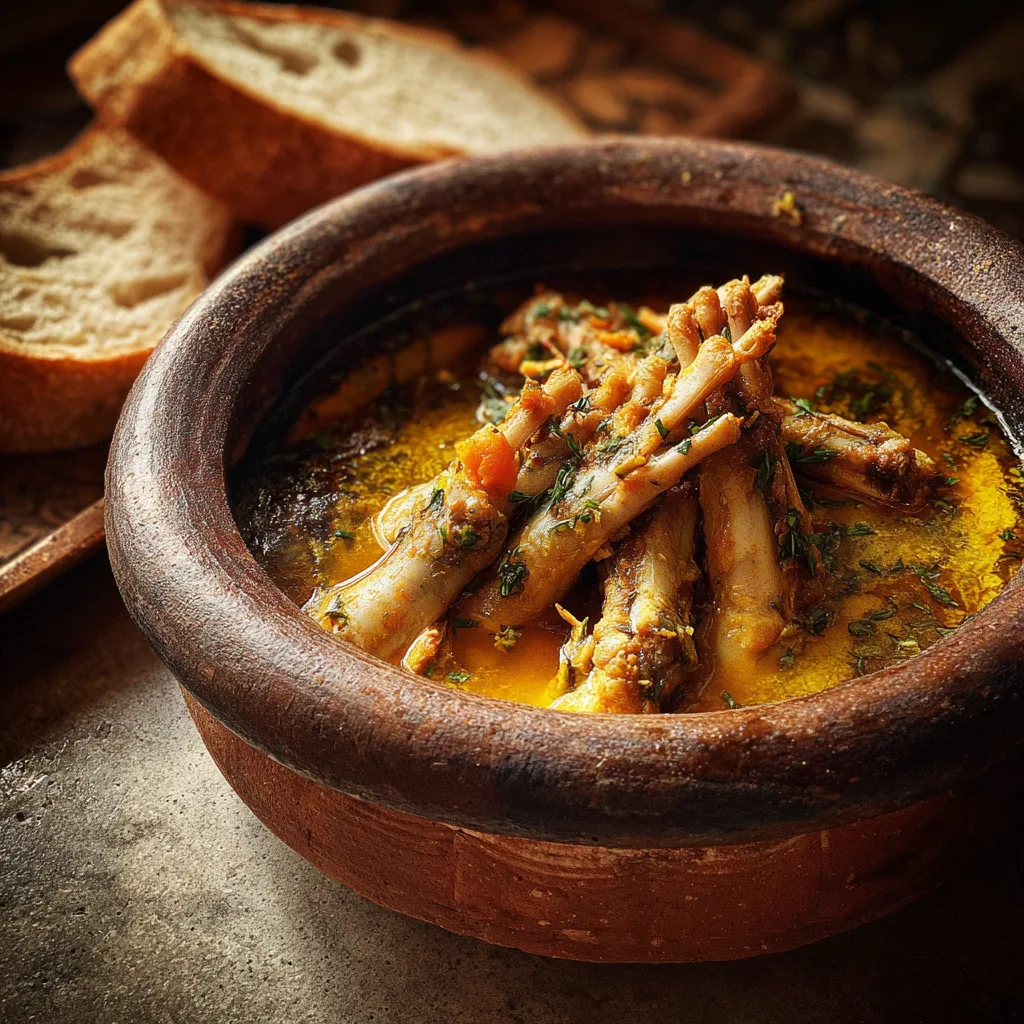 Moroccan Sheep Nails Stew nn Moroccan sheep nails stew with golden broth in clay bowl and rustic bread, North African kitchen setting.