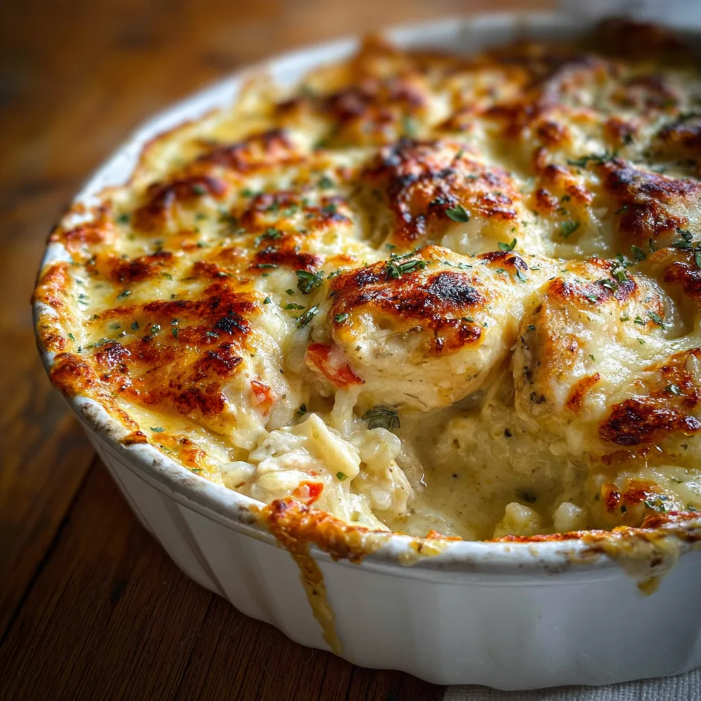 One-Pot Creamy Chicken Bake Close-up of a creamy baked chicken and rice casserole with melted golden cheese, served in a rustic white dish on a wooden table, comfort food dinner idea.