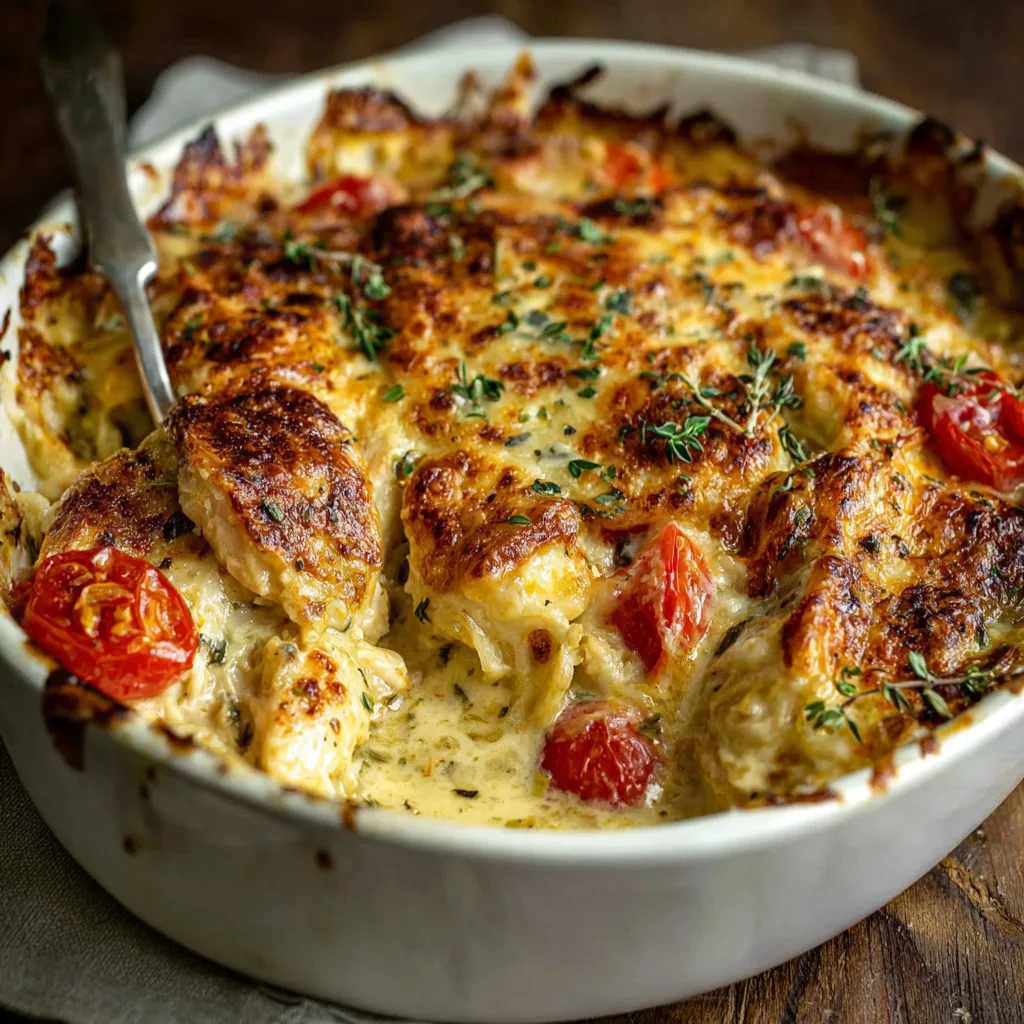 Healthy one-pot creamy chicken bake with golden cheese and vegetables in a white casserole dish.
