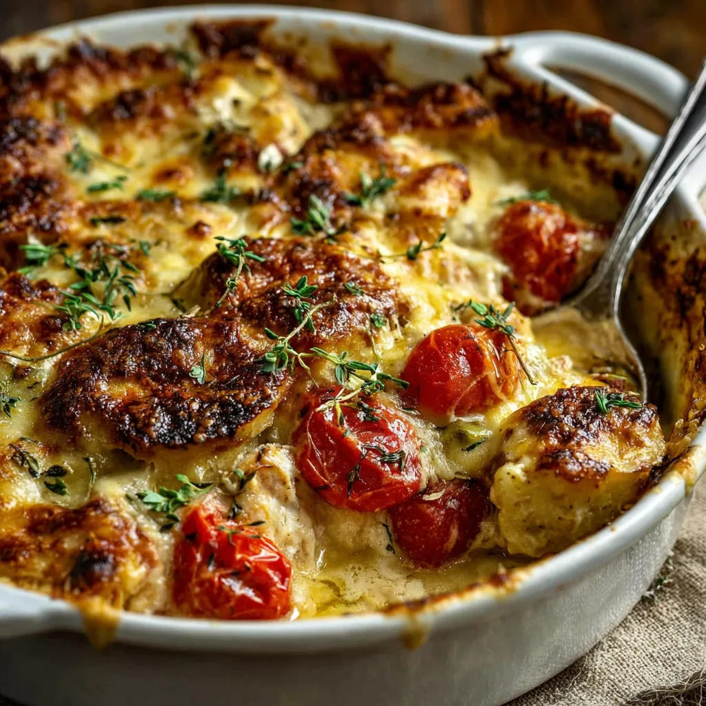 Healthy one-pot creamy chicken bake with golden cheese and vegetables in a white casserole dish.