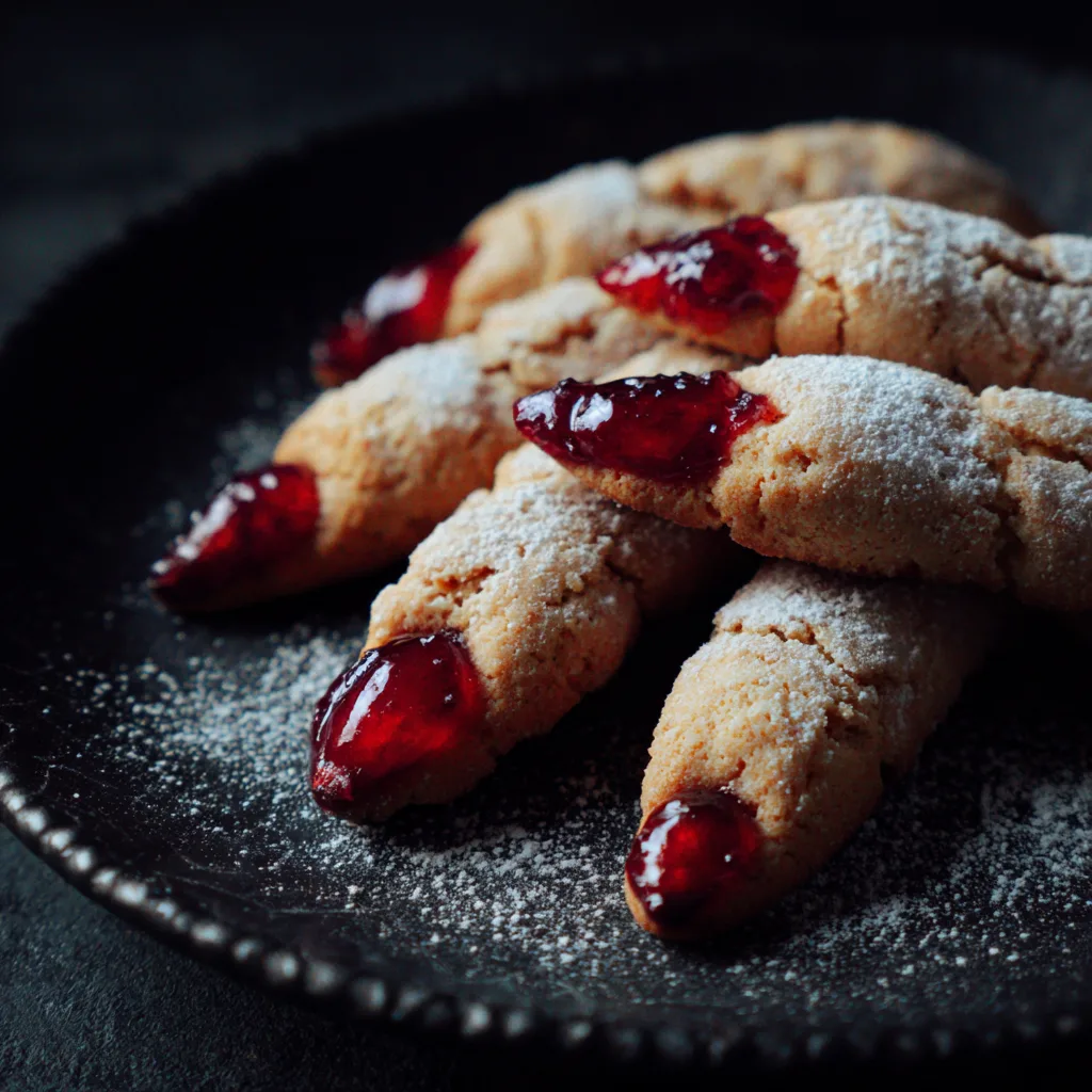 Close-up of Witch Finger Cookies with almonds and strawberry jam “blood,” arranged on a dark Halloween plate in warm lighting.