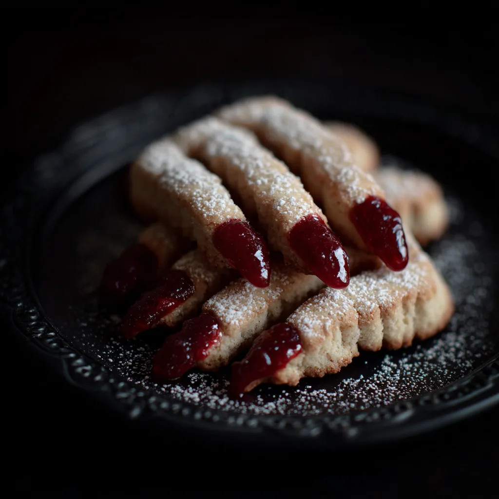Witch Finger Cookies – Creepy Halloween Almond Nail Cookie Recipe Close-up of Witch Finger Cookies with almonds and strawberry jam “blood,” arranged on a dark Halloween plate in warm lighting.