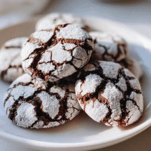 Peppermint chocolate crinkle cookies with powdered sugar coating and cracked surface on white plate in natural light.