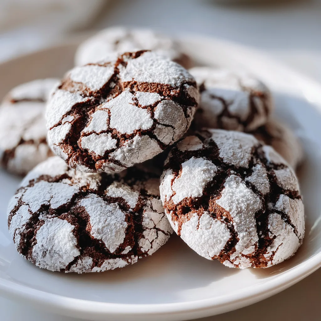 Peppermint chocolate crinkle cookies with powdered sugar coating and cracked surface on white plate in natural light.