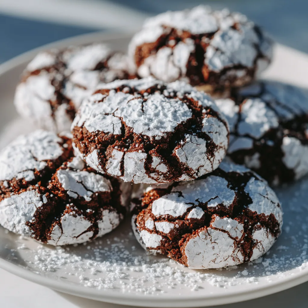 Peppermint Chocolate Crinkle Cookies Peppermint chocolate crinkle cookies with powdered sugar coating and cracked surface on white plate in natural light.