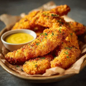 Crispy golden air fryer chicken tenders served with honey mustard dipping sauce, on parchment paper, warm natural lighting.